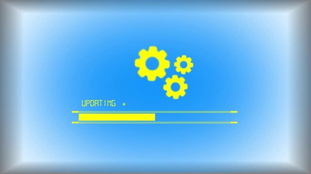 System update progress bar with rotating yellow gears on blue background digital motion graphic