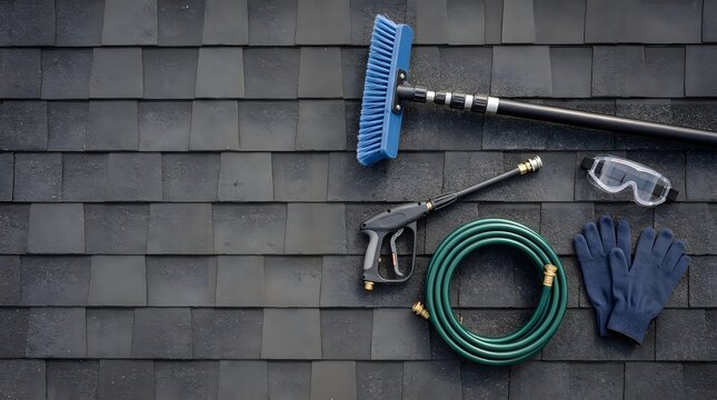 Set of residential roof cleaning tools arranged on black shingle surface including pressure washer trigger handle brush hose and protective goggles safety gear.