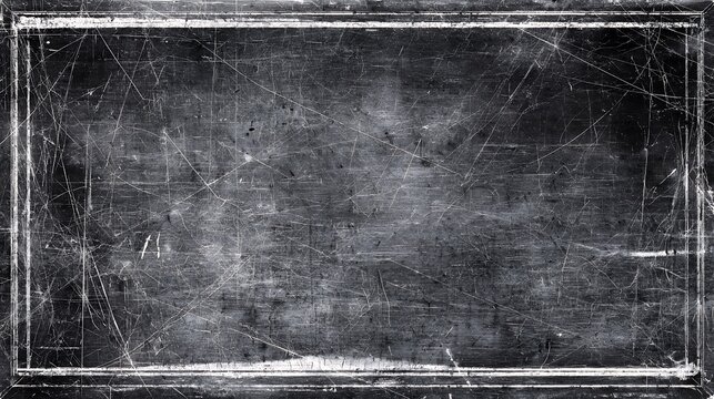 Grunge scratched blackboard frame texture background. Distressed damaged dirty vintage surface overlay for cinematic film meme design.