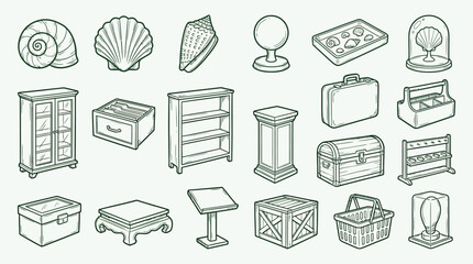 A collection of isometric line art icons featuring various display items, furniture, and containers such as seashells, cabinets, chests, and baskets. © KN collection