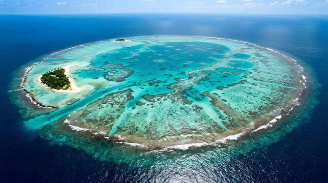 Aerial view of a tropical coral atoll in the blue ocean