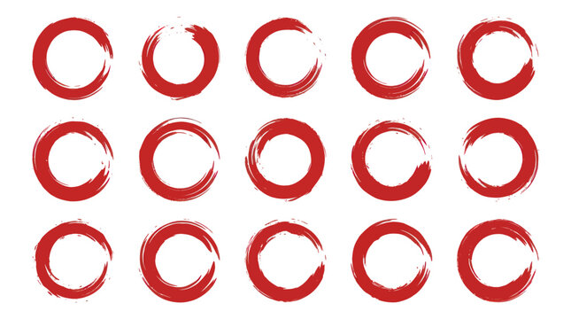 Collection of Red Brush Stroke Circles Zen Enso Symbols.