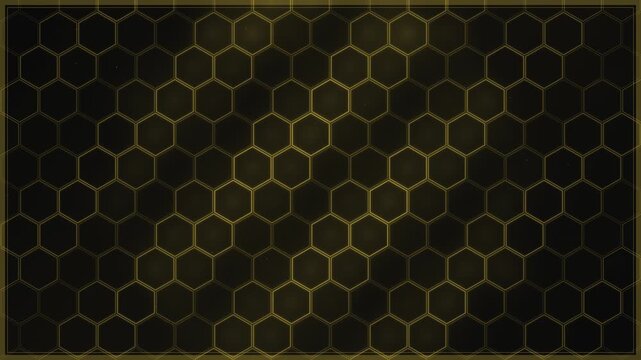 Abstract dark background with golden glowing honeycomb pattern and geometric hexagonal shapes.