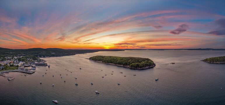 Aerial view of Bar Island and Bar Harbor, Maine (sandbar at low tide)