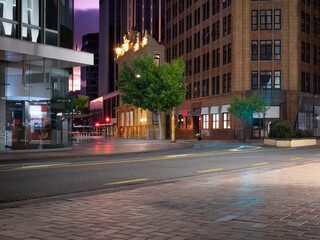 Fototapeta premium Car background, automotive backplate, central business district road at night