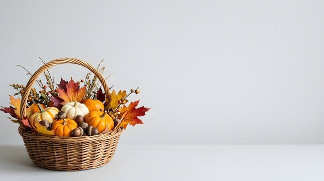 Wicker basket filled with decorative pumpkins and autumn leaves on a white background with copy space