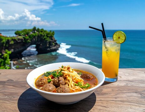 Indonesian meatball soup or bakso with a refreshing iced beverage overlooking a scenic ocean and temple view in Bali