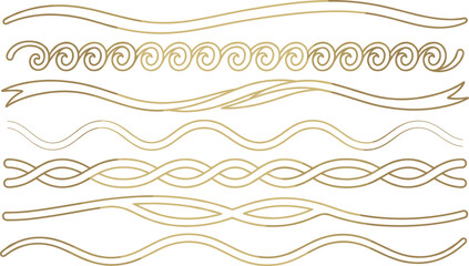 Golden wave borders and divider lines vector set with elegant Greek scroll motifs and metallic twisted rope frame trims isolated on white background © Prodip