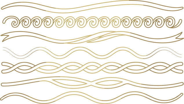 Golden wave borders and divider lines vector set with elegant Greek scroll motifs and metallic twisted rope frame trims isolated on white background