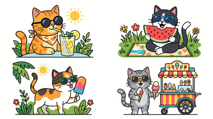 Obraz premium Cute cartoon cats enjoying summer vacation activities set.