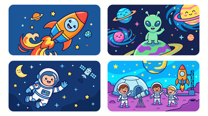 Naklejka premium Cute Cartoon Space Exploration Scenes Set.