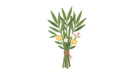 Fototapeta premium A beautiful bouquet of green leaves and small white and yellow flowers tied with twine.