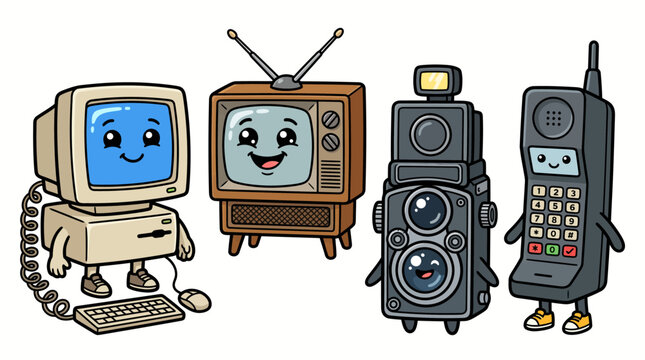 Cute cartoon vintage electronic gadgets characters set.