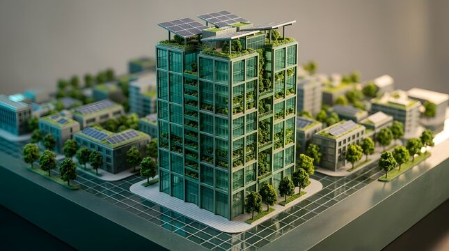 Sustainable green building concept with rooftop solar panels and vertical garden architecture, smart eco city model