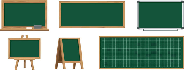 Green blackboard set school chalkboard with wooden frame classroom education presentation stand grid menu board isolated vector. © Prodip