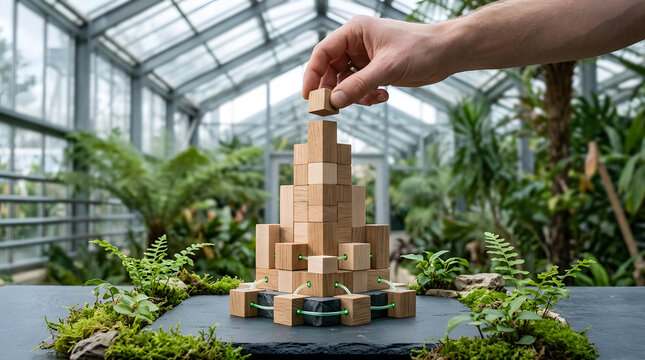 Green technology integration concept with hand building wooden blocks in greenhouse setting