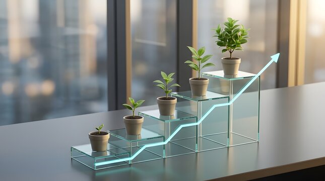 Sustainable business growth concept with green plants on glass stairs and upward arrow