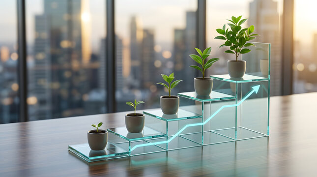 ESG investment progress concept with growing plants on glass chart and rising arrow