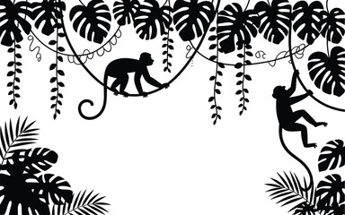 Jungle silhouette vector background featuring monkeys swinging on vines Monstera tropical palm leaves border frame isolated on white background