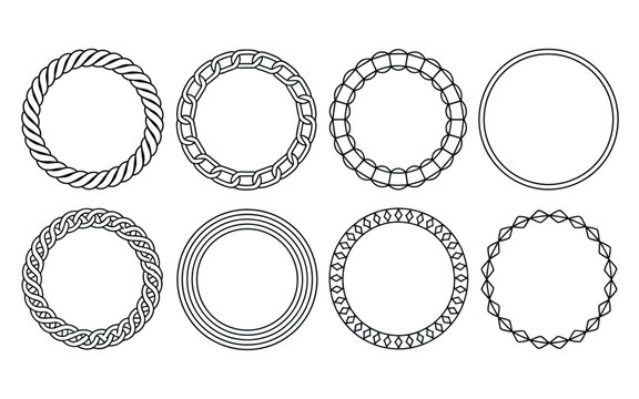 Circular decorative frame vector set with rope chain twisted braid and geometric round borders isolated on white background design elements