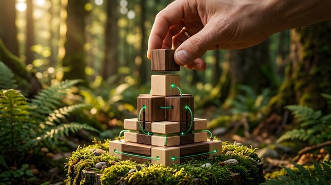 Green technology network concept with hand building glowing wooden blocks in forest