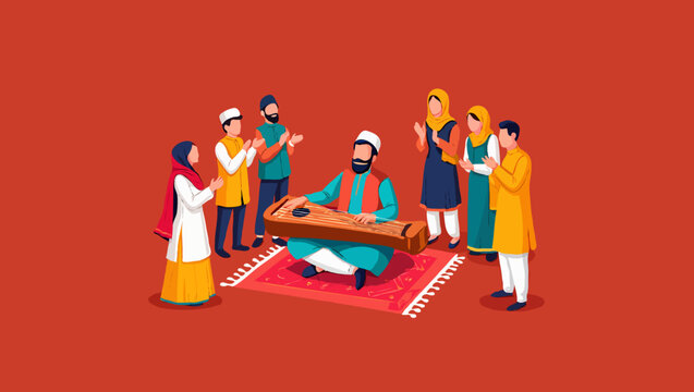 A qawwali group performing with a man playing harmonium and singing