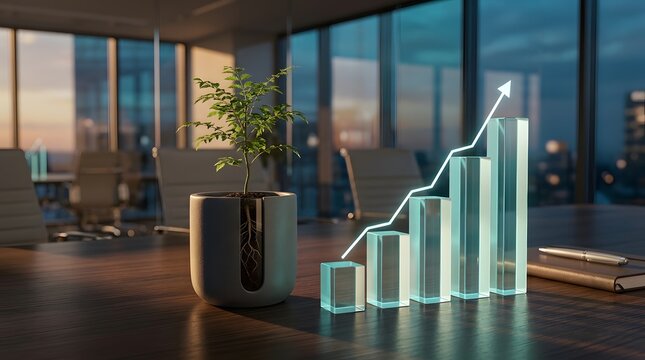 Sustainable business growth concept with growing plant and rising financial glass chart on boardroom desk