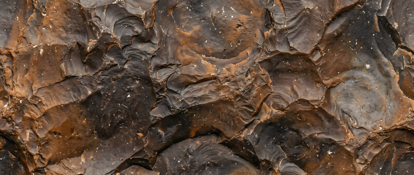 Stone texture displaying a rough dark brown flint mineral surface with sharp fractured rock edges and weathered structures provides a rustic natural backdrop for creative design templates