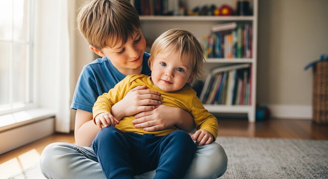 A warm family moment featuring two siblings sitting together in a room with a bookshelf in the background.