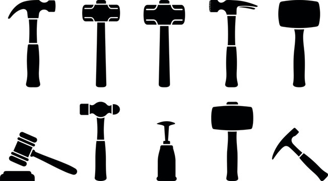 Hammer and mallet tool black silhouettes vector set with carpentry sledgehammer judge gavel bricklayer hammers isolated on white background