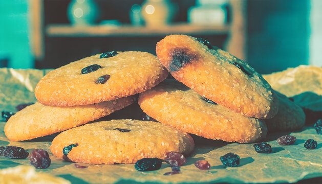 Traditional Venetian cornmeal raisin cookies (Zaleti), stacked casually on vintage parchment paper, dried grapes scattered around, warm rustic bakery setting