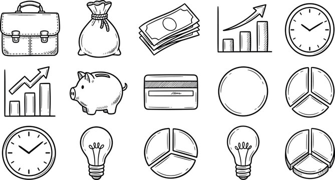 Hand drawn business and finance black outline icon set featuring doodle sketch briefcase piggy bank charts cash and credit card