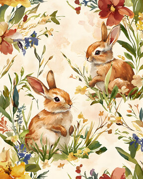 whimsical soft bunny field wallpaper designed Whimsical Watercolor Illustration of Cute Bunnies Amidst Vibrant Spring Florals in Pastel Hues for Decorative Art and Stationery
