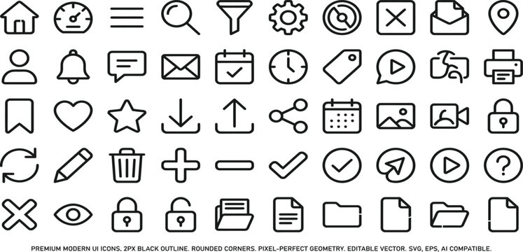 User interface and website navigation outline icon set with interface, settings