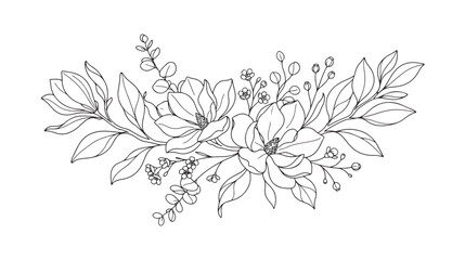 Elegant botanical line art bouquet, hand drawn magnolia floral arrangement vector, minimalist black and white flower border for wedding invitations © Dream Time Studio