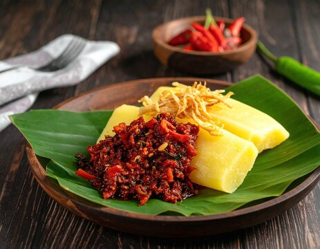 Traditional Indonesian boiled cassava or singkong rebus served with spicy chili sambal and crispy toppings on a banana leaf