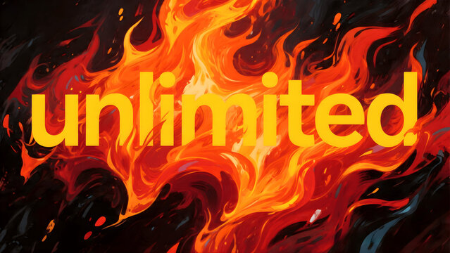 The bold yellow text "unlimited" is displayed horizontally across the center over vibrant swirls of orange and red flames against a dark background.