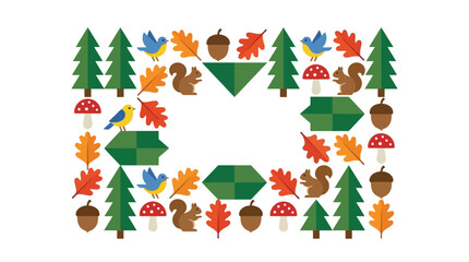 Fototapeta premium Colorful Autumn Forest Border Frame with Cute Animals and Seasonal Leaves for Kids