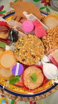 Overhead view of sweet Mexican candies. Variety of artisanal candies and textures