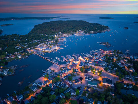 Aerial night view of Boothbay Harbor