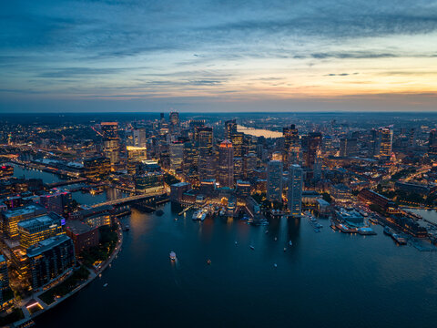 Aerial view of Boston skyline at night