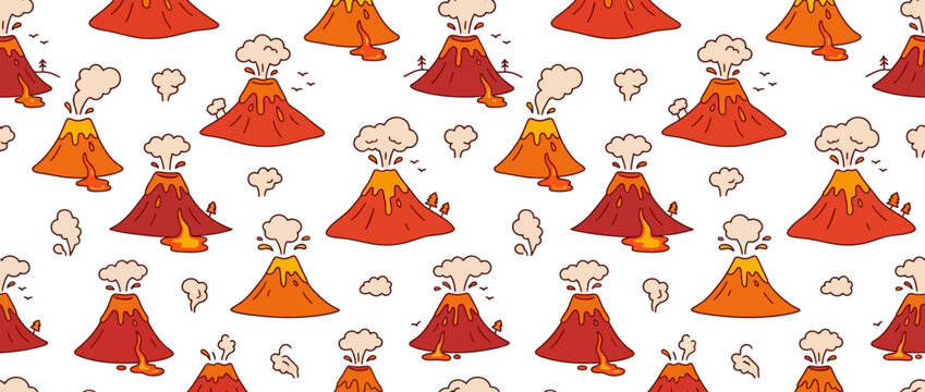 Cute Cartoon Volcano Pattern, Erupting Mountains with Smoke, Lava, and Fire