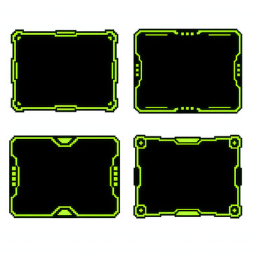 Futuristic Sci-Fi HUD Frame Borders Set Pixel Cyberpunk Green UI Interface Vector