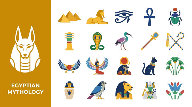 Ancient egyptian mythology symbols and deities icon set