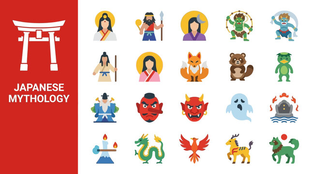 Japanese mythology icons featuring traditional deities and folklore