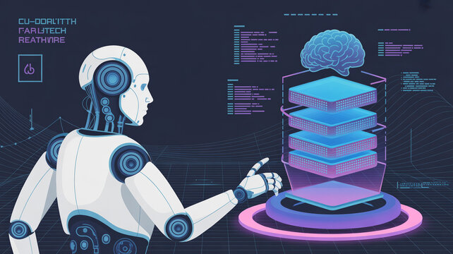 Humanoid robot interacting with a digital brain hologram and stacked data layers in a futuristic laboratory environment with grid floor