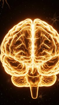 Abstract Digital Illustration of a Luminous Golden Human Brain Symbolizing Intelligence and Neural Energy