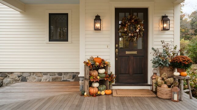 Cozy front porch decorated for autumn with pumpkins fall foliage and lanterns on a rustic wooden floor