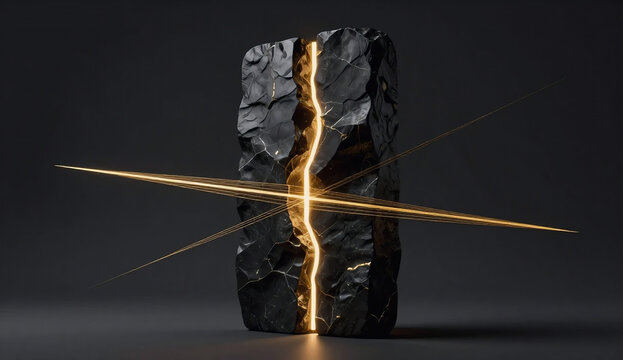 Avant-garde 3D abstract architectural black stone monolith sculpture with a golden light fissure and strings