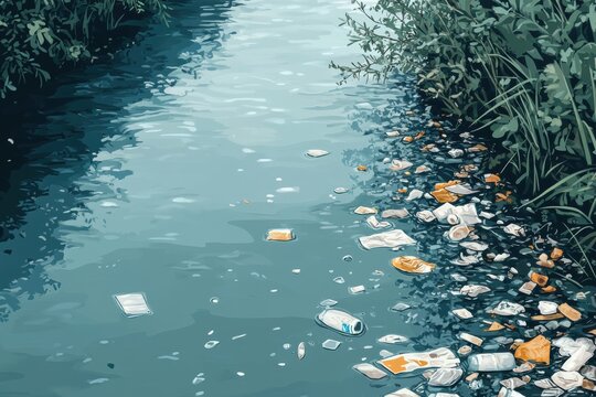 Polluted River Scene with Floating Trash and Natural Background